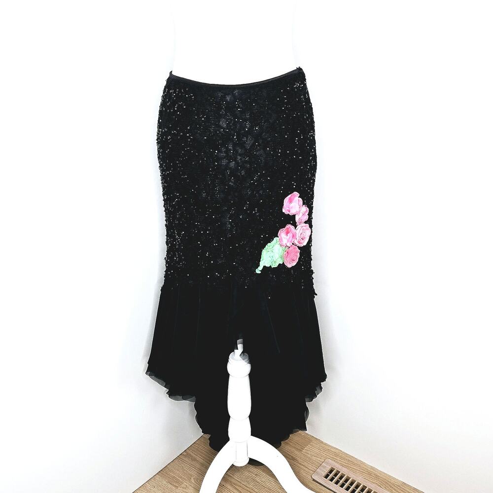 Celo Argentina made lace Applique beaded ruffle dance skirt Small-Medium black